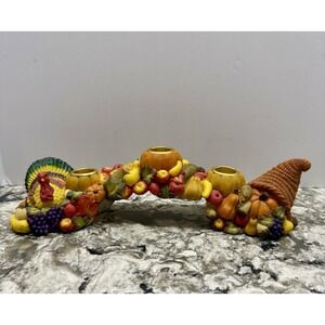 Vintage Thanksgiving Candle Holder Centerpiece Turkey Pumpkin Cornucopia 12"